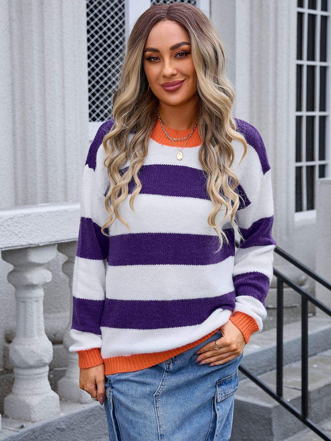 Contrast Striped Round Neck Sweater - Trendsi - Flyclothing LLC