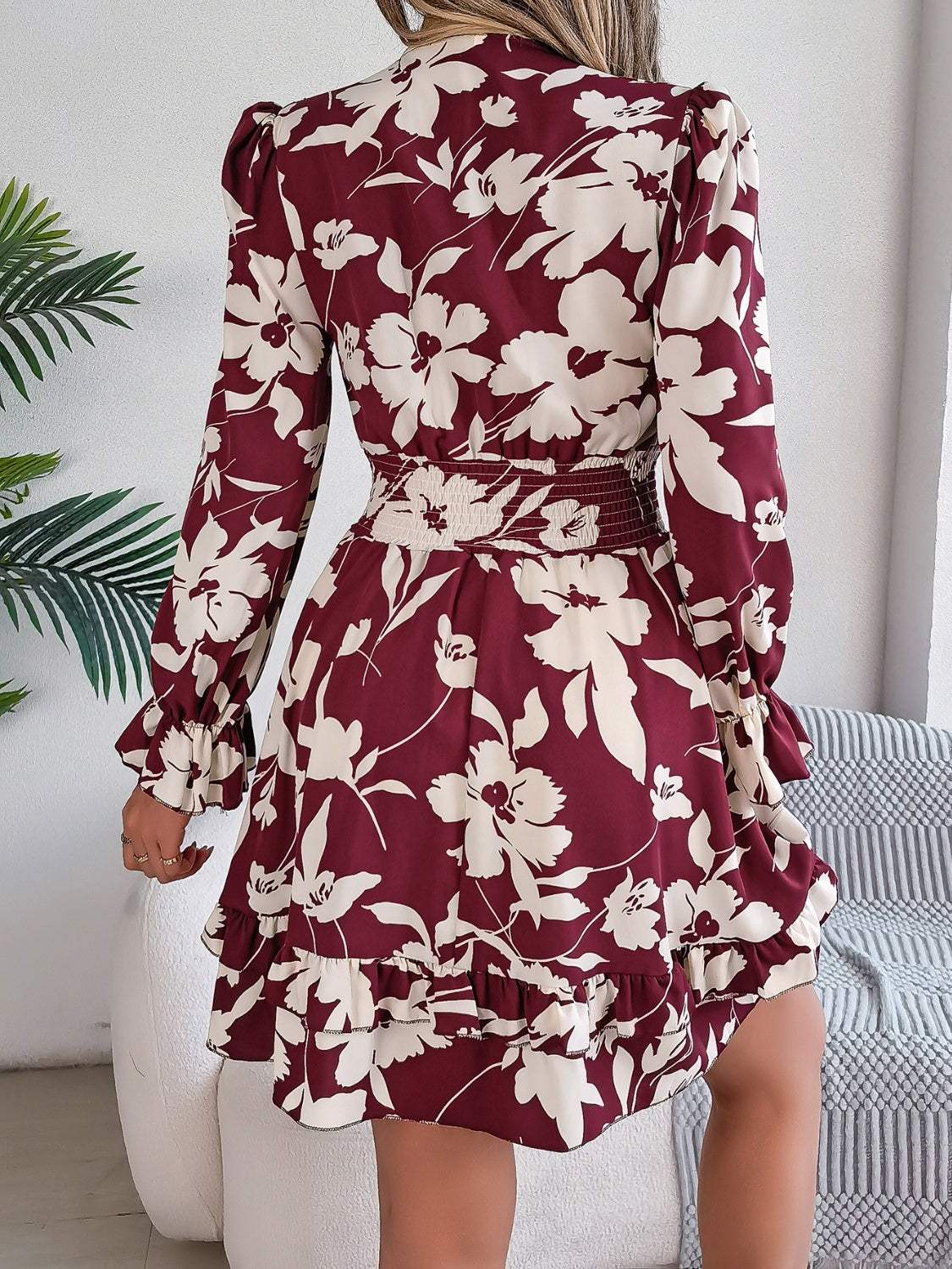 Tied Ruffled Printed Long Sleeve Dress - Trendsi - Flyclothing LLC