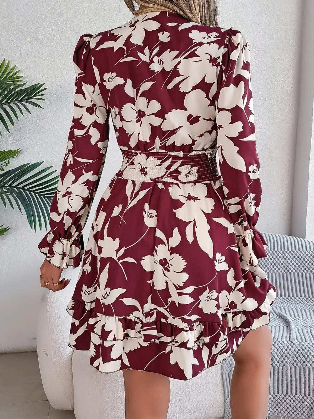 Tied Ruffled Printed Long Sleeve Dress - Trendsi - Flyclothing LLC