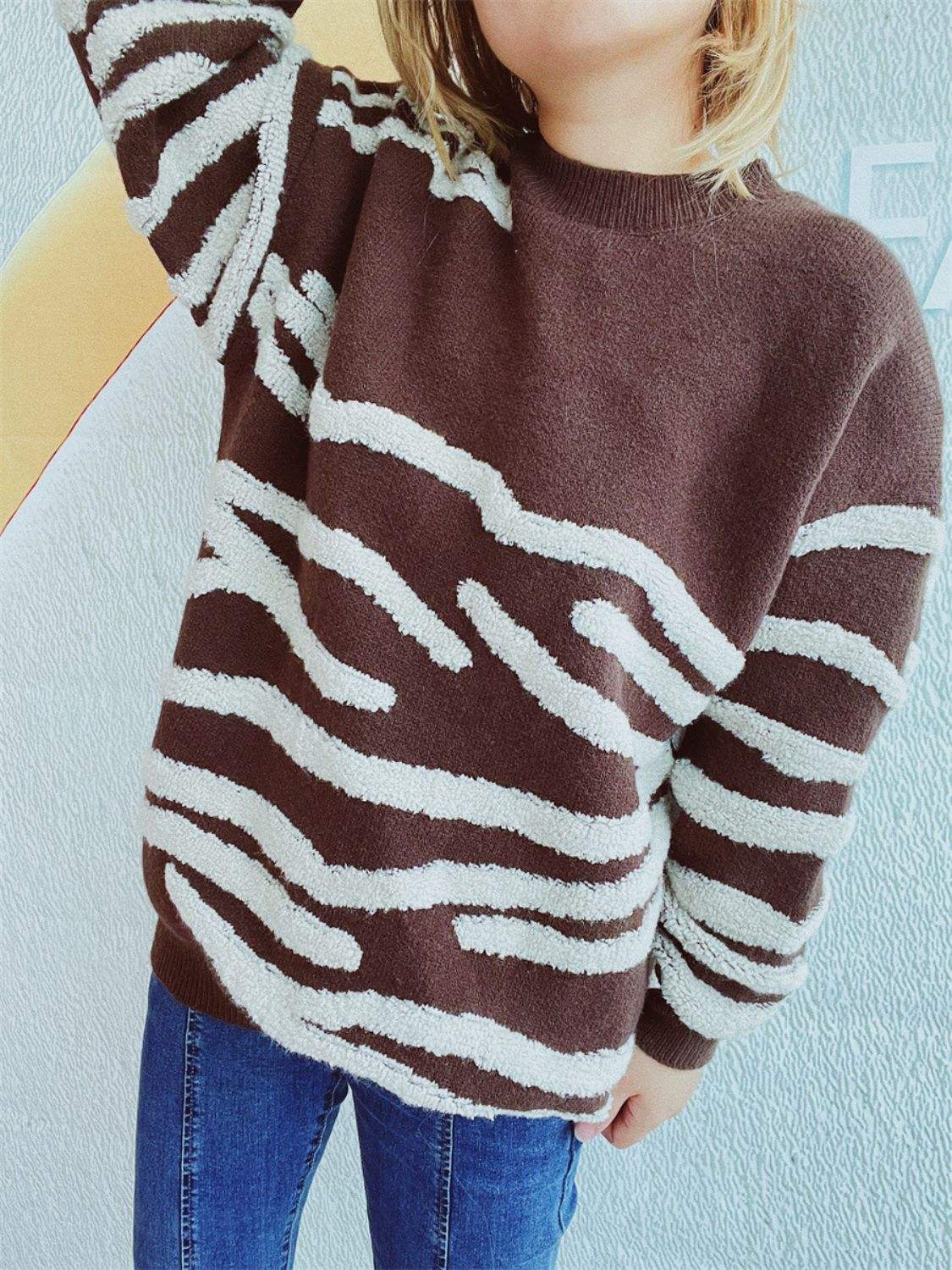 Contrast Round Neck Long Sleeve Sweater - Trendsi - Flyclothing LLC