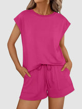 Round Neck Cap Sleeve Top and Shorts Set - Trendsi - Flyclothing LLC