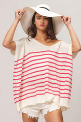 BiBi V Neck Striped Short Sleeve Top - Trendsi - Flyclothing LLC