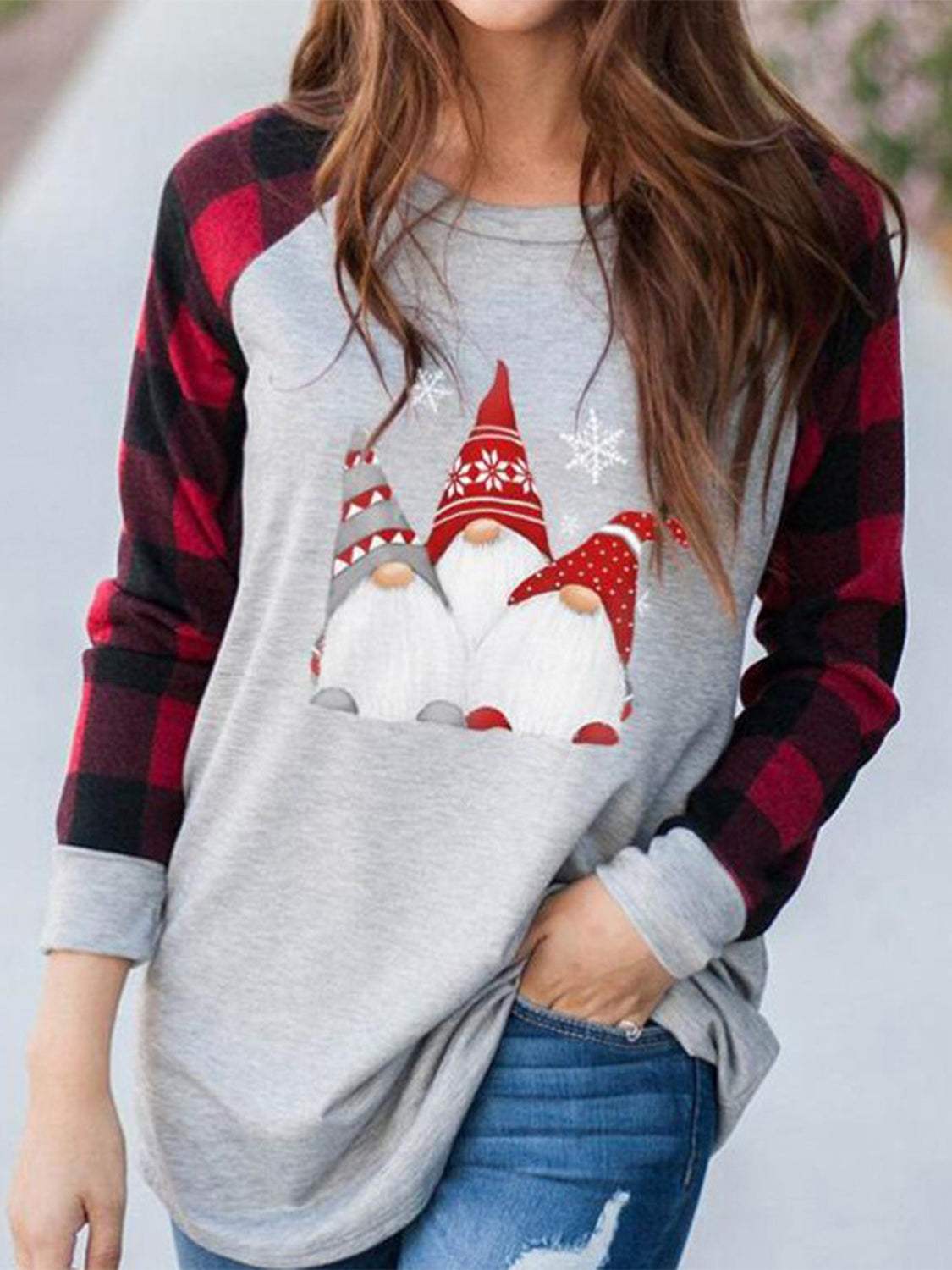 Full Size Graphic Plaid Round Neck Long Sleeve T-Shirt - Trendsi - Flyclothing LLC
