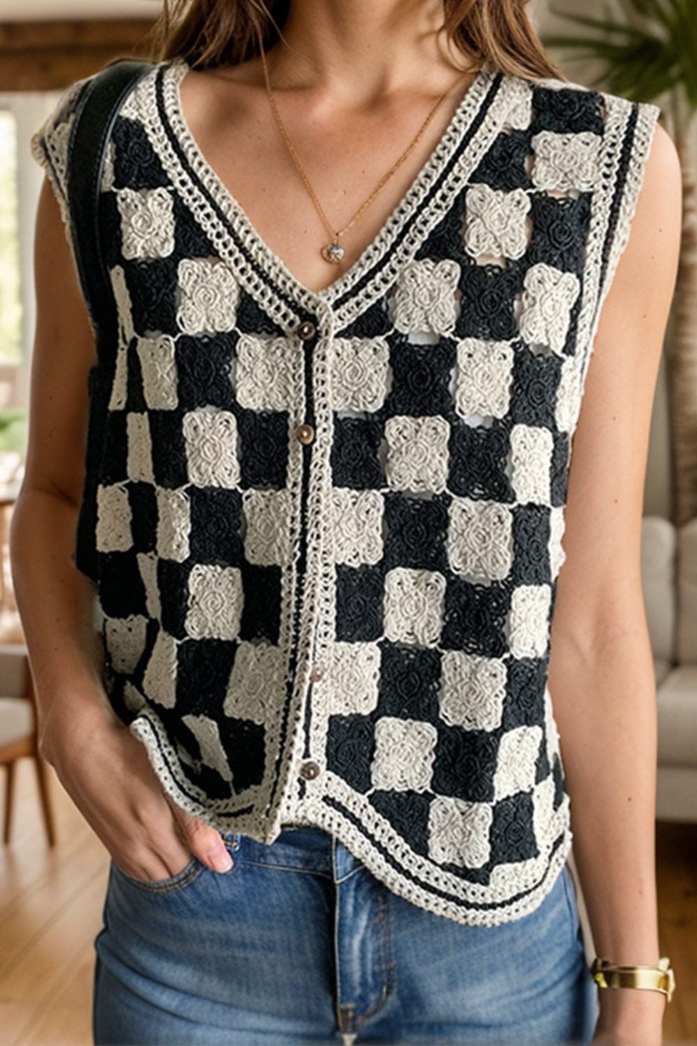 Crochet Checkered V-Neck Button Up Vest - Trendsi