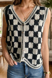 Crochet Checkered V-Neck Button Up Vest - Trendsi