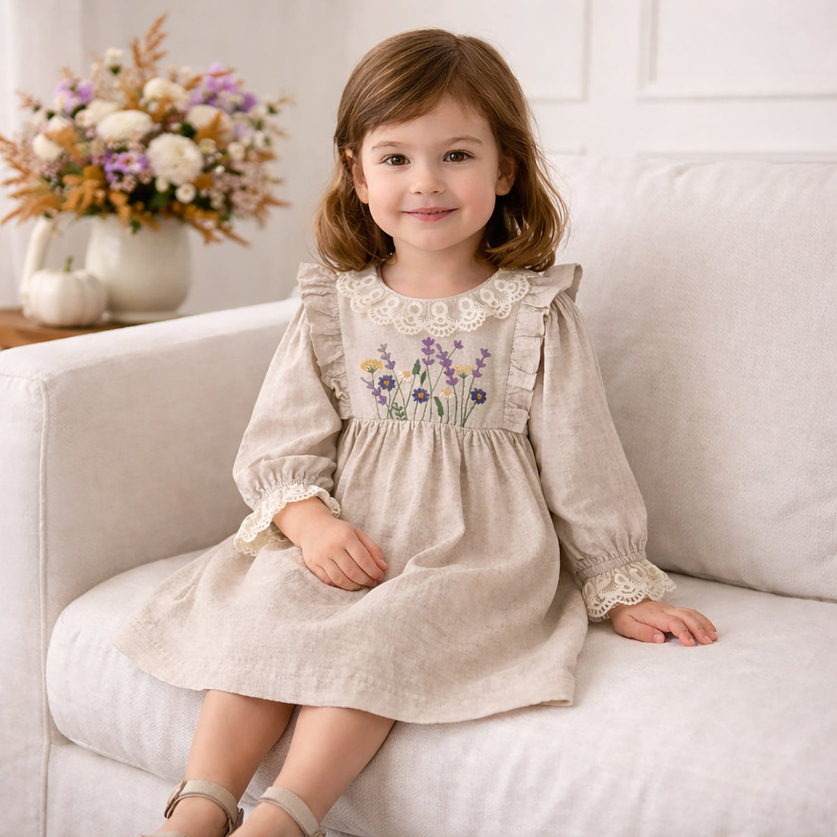 Embroidered Wildflower Linen Dress With Lace Trim - Tesa Babe - Flyclothing LLC