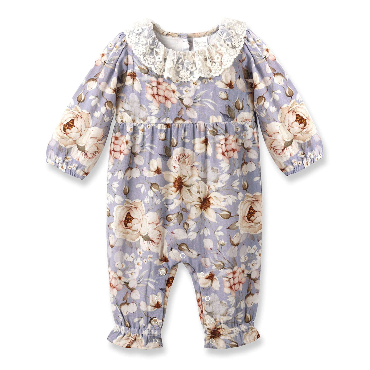 Blue Floral Vintage Linen Baby Romper With Lace Collar - Tesa Babe - Flyclothing LLC