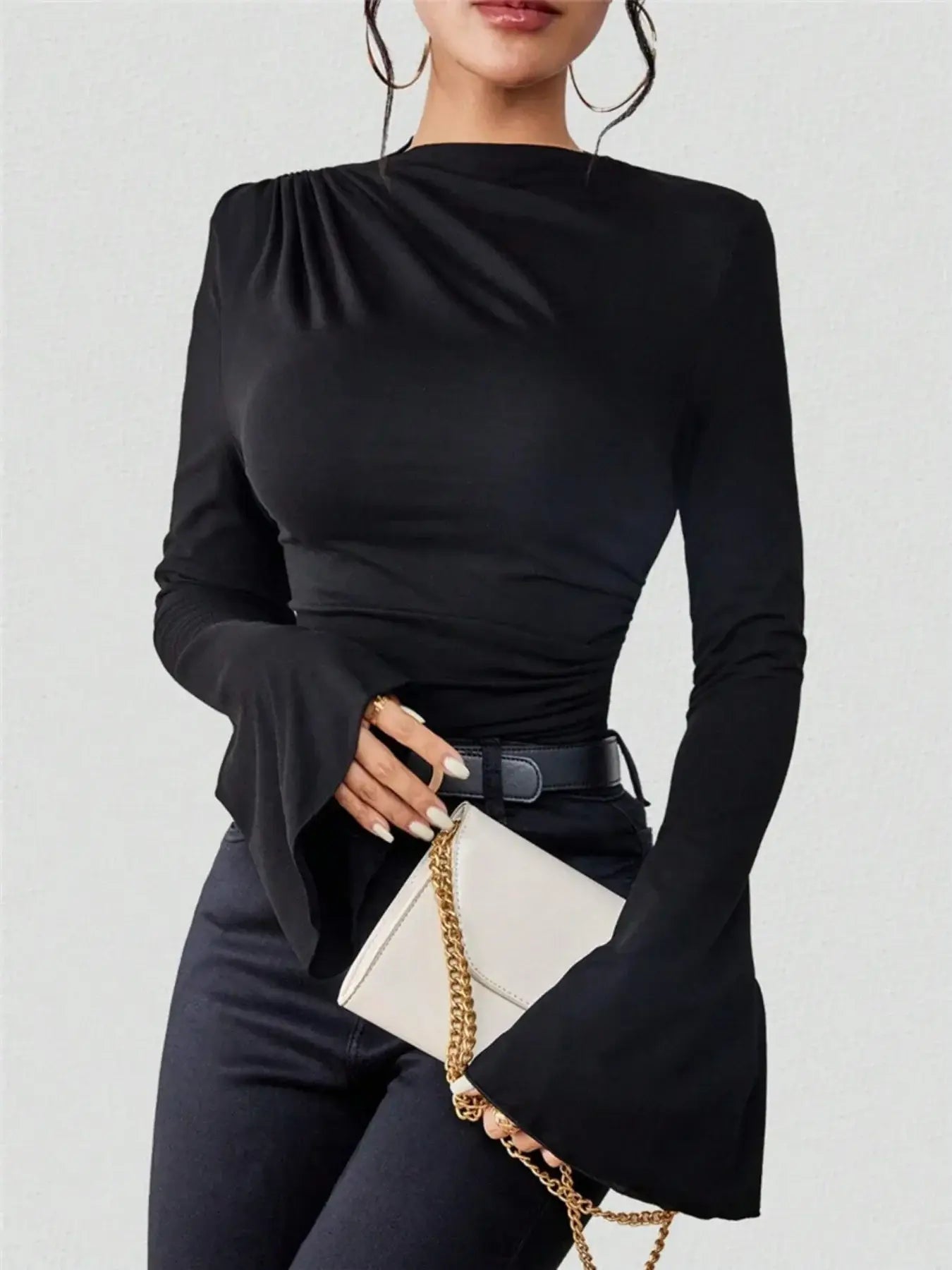 Bell Sleeve Ruched Fitted T-Shirt with Mock Neck - Trendsi - Flyclothing LLC