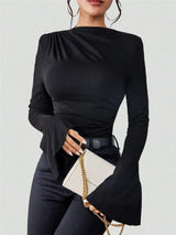 Bell Sleeve Ruched Fitted T-Shirt with Mock Neck - Trendsi - Flyclothing LLC