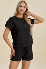 Double Take Full Size Texture Short Sleeve Top and Shorts Set - Trendsi