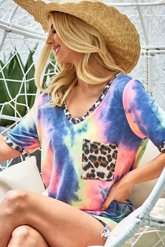 BiBi Tie Dye Print V Neck Top With Front Patch Pocket - Trendsi - Flyclothing LLC