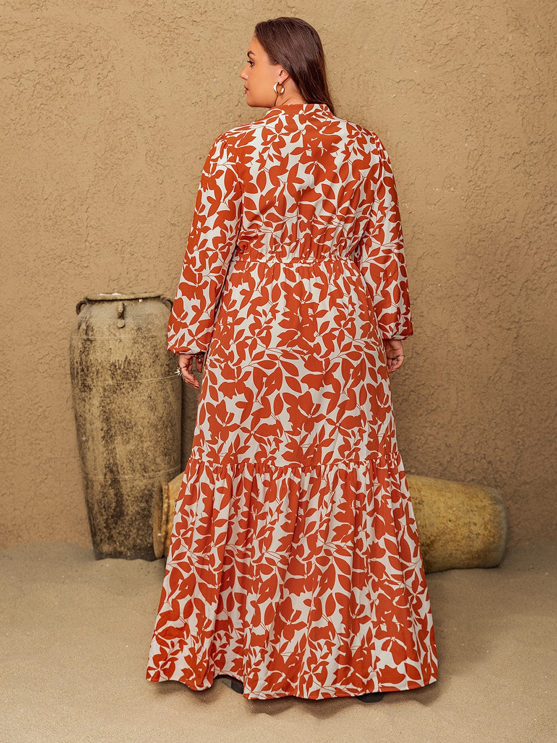 Plus Size Printed Notched Long Sleeve Maxi Dress - Trendsi