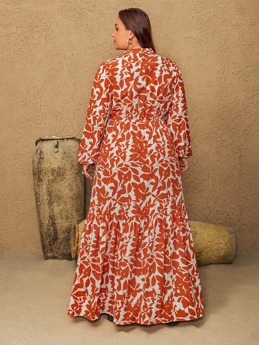Plus Size Printed Notched Long Sleeve Maxi Dress - Trendsi