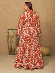 Plus Size Printed Notched Long Sleeve Maxi Dress - Trendsi