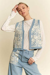 Davi & Dani Lace Patch Open Front Denim Vest - Trendsi - Flyclothing LLC