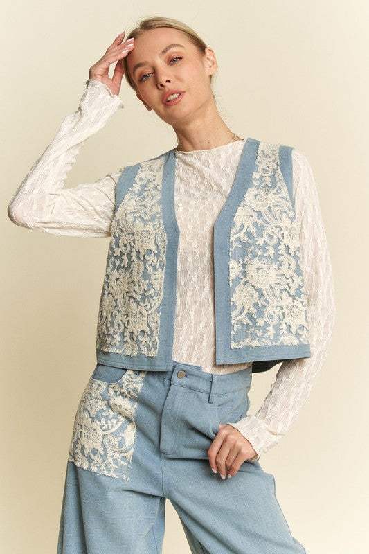 Davi & Dani Lace Patch Open Front Denim Vest - Trendsi - Flyclothing LLC