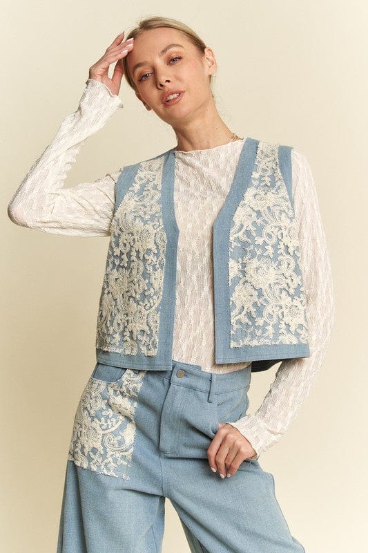 Davi & Dani Lace Patch Open Front Denim Vest - Trendsi