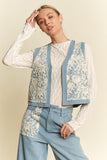 Davi & Dani Lace Patch Open Front Denim Vest - Trendsi