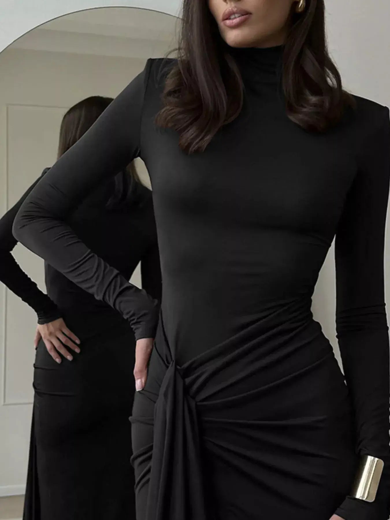 Turtleneck Long Sleeve Slit Maxi Dress - Trendsi - Flyclothing LLC