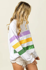 BiBi Sequin Mardi Gras Striped Round Neck Sweatshirt - Trendsi - Flyclothing LLC