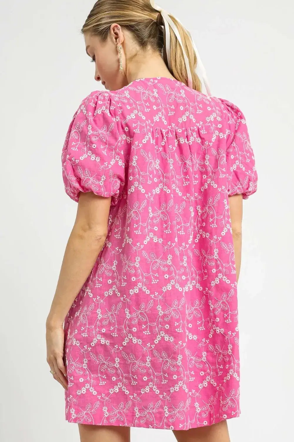 Umgee Floral Puff Sleeve V-Neck Mini Dress - Trendsi - Flyclothing LLC