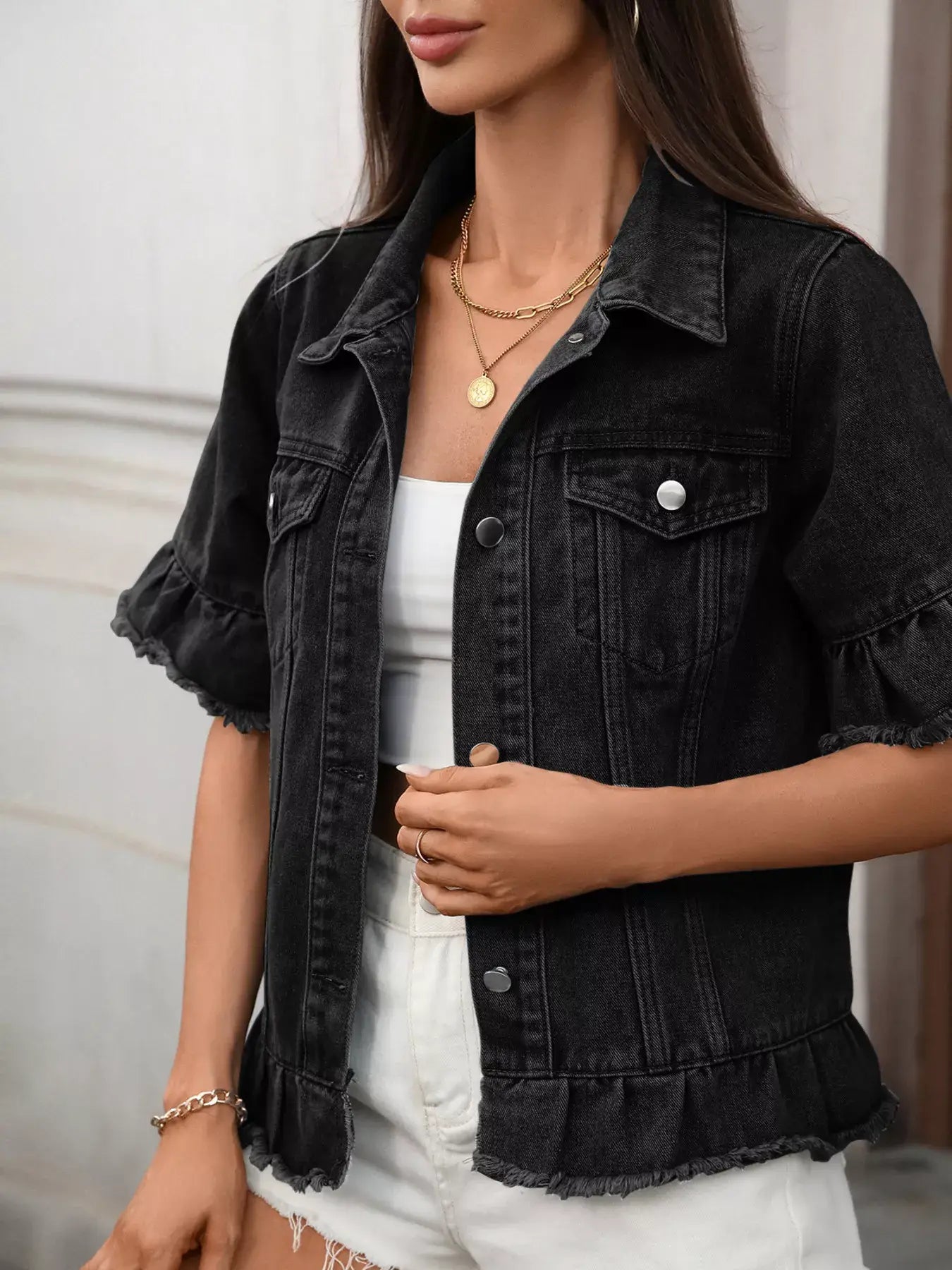 Raw Hem Button Up Denim Jacket - Trendsi - Flyclothing LLC