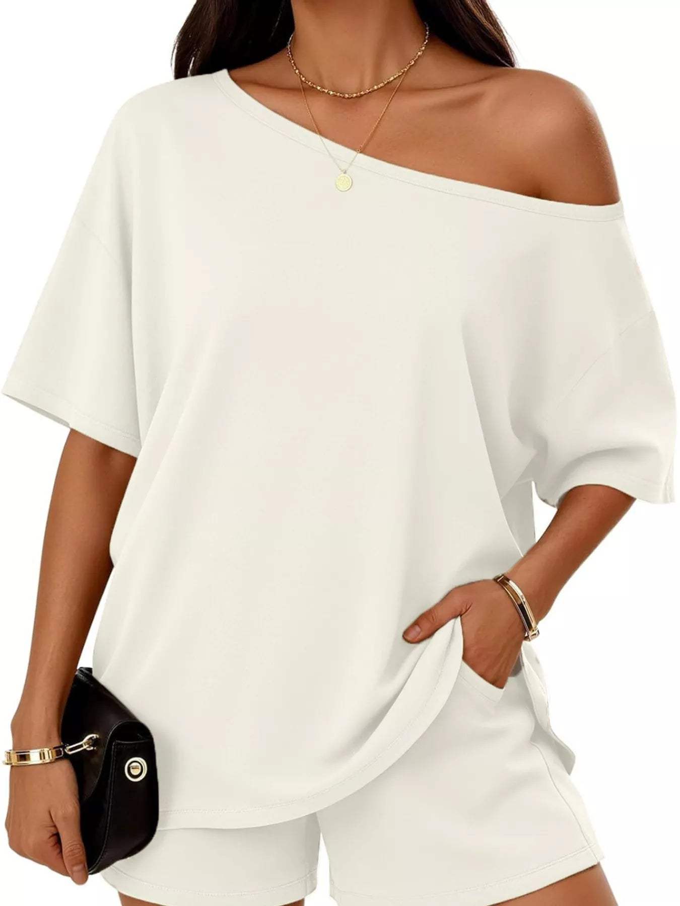 Full Size Boat Neck Tee and Shorts Set Plus Size - Trendsi - Flyclothing LLC
