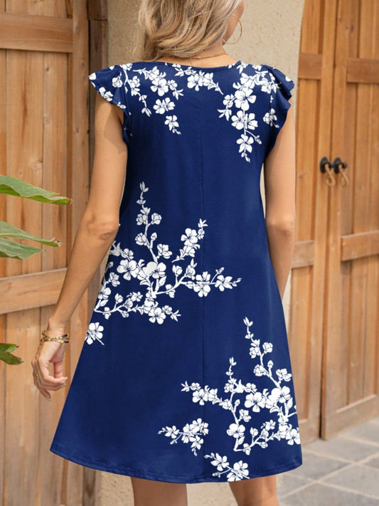 Ruffled Printed Cap Sleeve Mini Dress - Trendsi