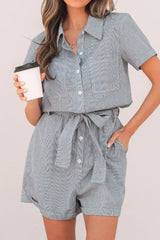 Stripe Chest Pockets Tie Waist Romper - Trendsi - Flyclothing LLC