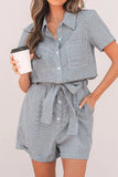 Stripe Chest Pockets Tie Waist Romper - Trendsi