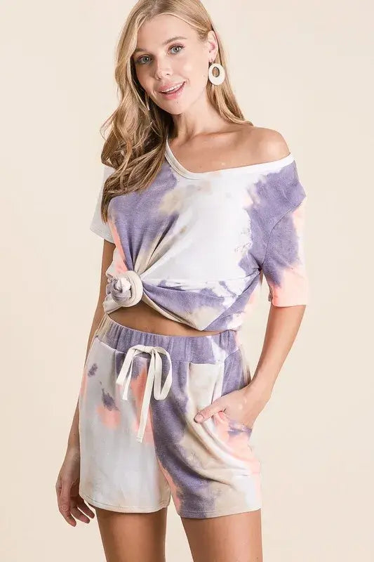 BiBi Tie Dye Terry Shorts with Drawstring - Trendsi - Flyclothing LLC