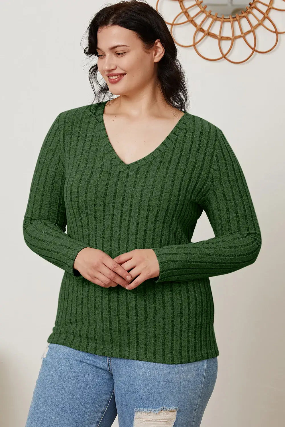 Basic Bae Full Size Ribbed V-Neck Long Sleeve T-Shirt - ShopBasicbae - Flyclothing LLC
