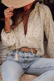 Frill Lace Detail Printed Tie Neck Long Sleeve Blouse - Trendsi - Flyclothing LLC