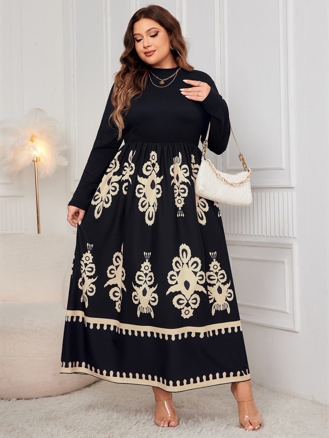 Plus Size Printed Mock Neck Long Sleeve Dress - Trendsi
