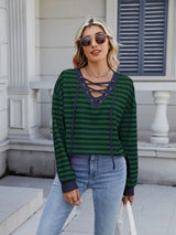 Lace-Up Striped Long Sleeve T-Shirt - Trendsi - Flyclothing LLC