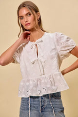 SO ME Cotton Eyelet Front Tie Short Sleeves Blouse - Trendsi - Flyclothing LLC