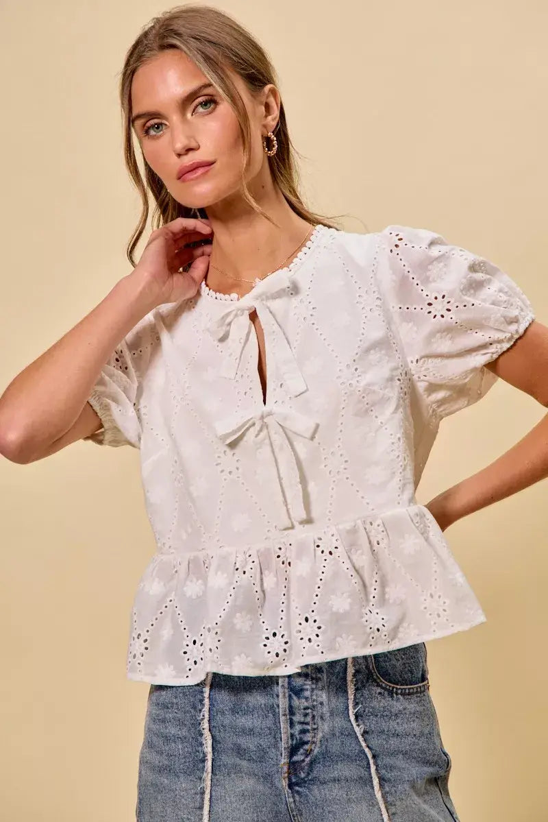 SO ME Cotton Eyelet Front Tie Short Sleeves Blouse - Trendsi - Flyclothing LLC