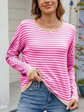 Striped Contrast Round Neck Long Sleeve Sweater - Trendsi - Flyclothing LLC