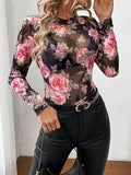 Mesh Floral Mock Neck Long Sleeve Top - Trendsi
