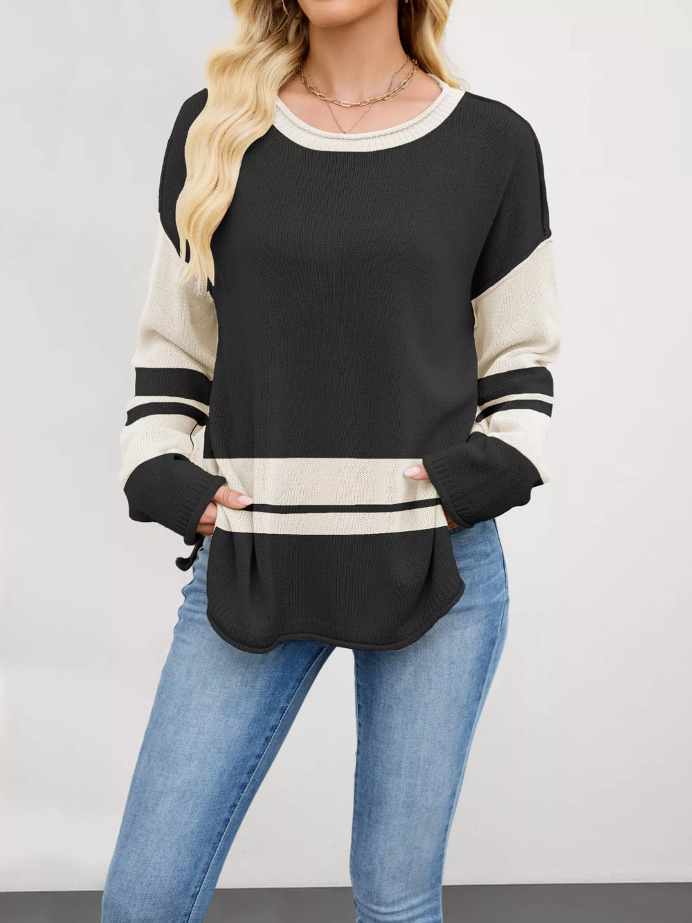 Color Block Side Slit Sweater - Trendsi - Flyclothing LLC