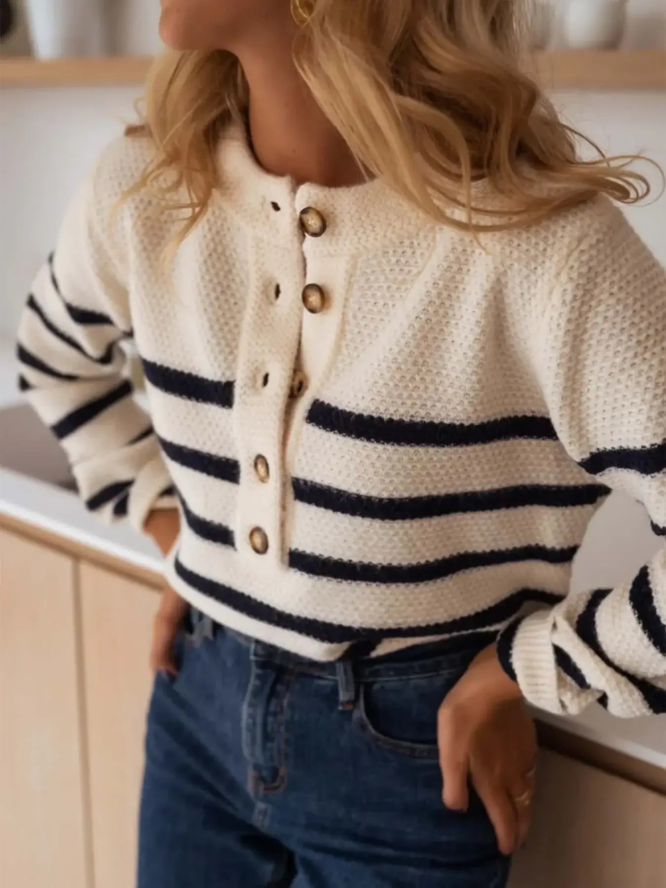 Striped Button-Front Sweater - Trendsi - Flyclothing LLC