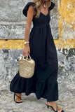 V Neck Ruffled Cap Sleeve Smocked Maxi Dress - Trendsi - Flyclothing LLC
