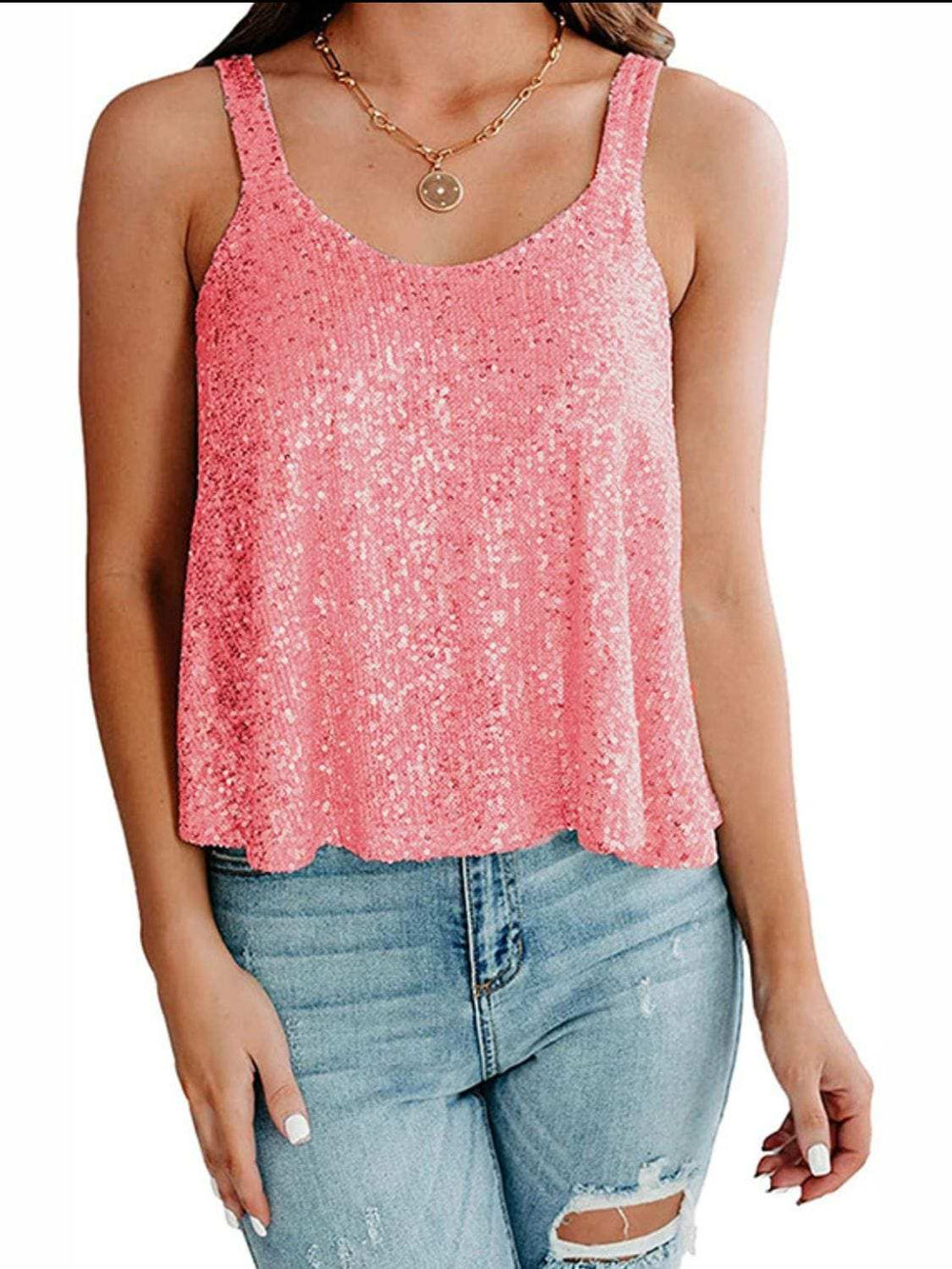 Sequin Scoop Neck Tank - Trendsi - Flyclothing LLC