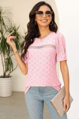 Eyelet Round Neck Short Sleeve T-Shirt - Trendsi - Flyclothing LLC