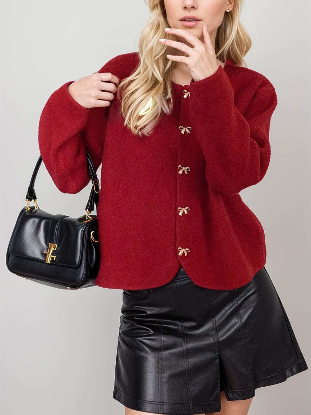 Bow Button Down Round Neck Long Sleeve Cardigan - Trendsi - Flyclothing LLC