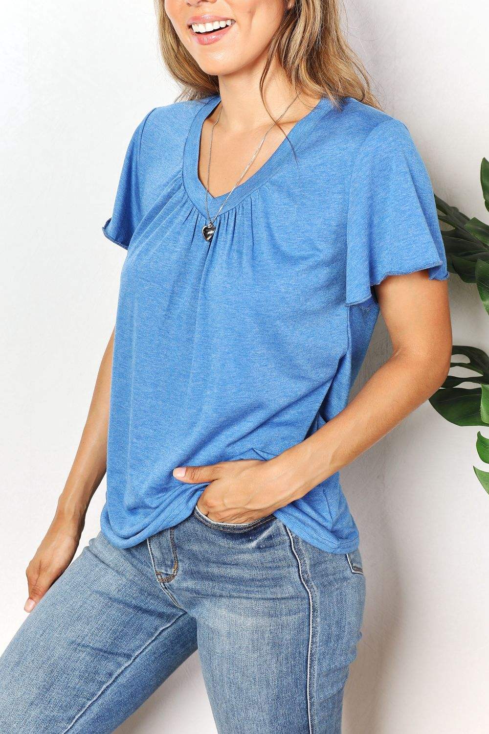 Double Take Ruched V-Neck Short Sleeve T-Shirt - Trendsi - Flyclothing LLC