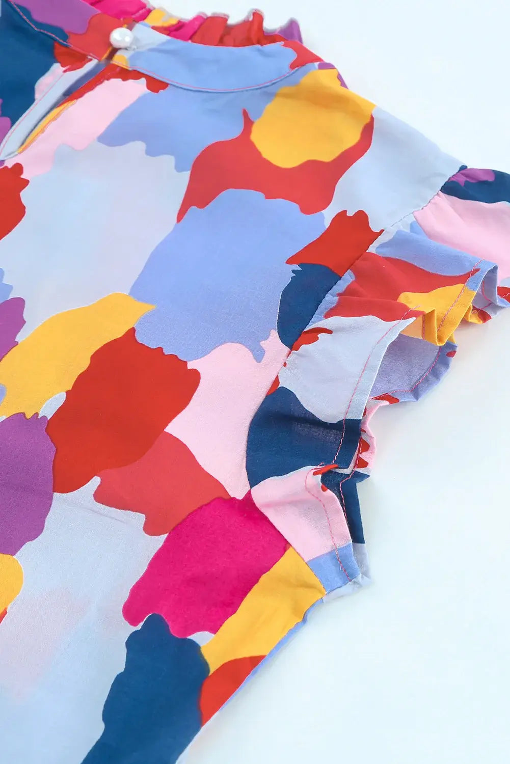 Frill Printed Mock Neck Cap Sleeve Blouse - Trendsi - Flyclothing LLC