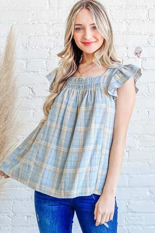 And The Why Plaid Print Smocked Detail Ruffle Baby Doll Top - Trendsi - Flyclothing LLC