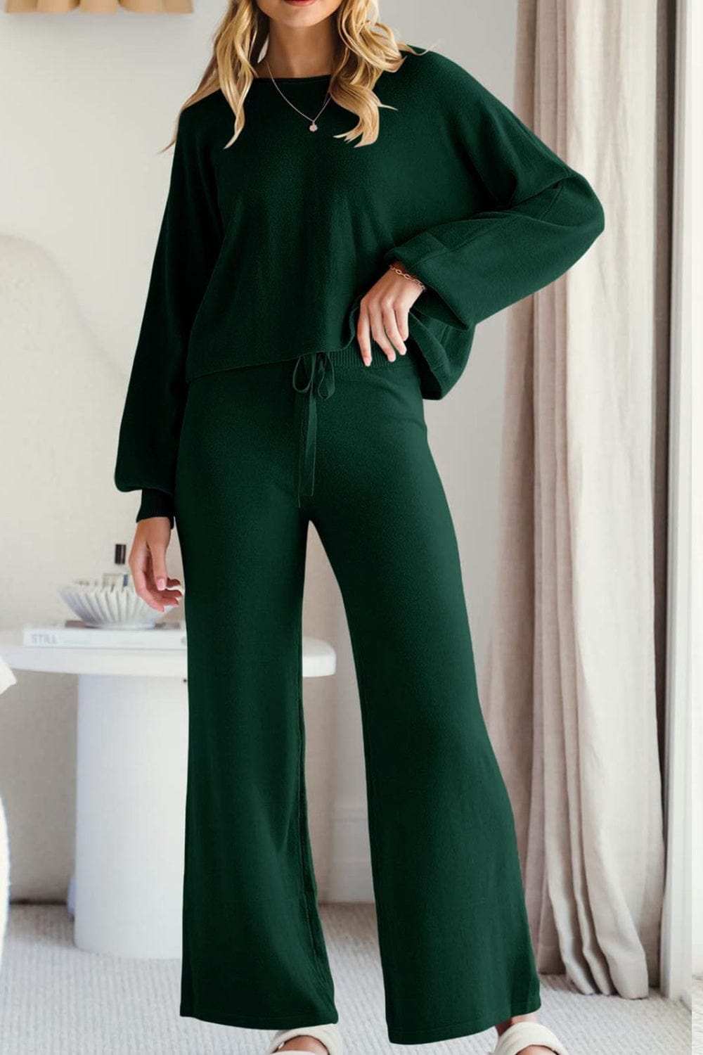Round Neck Long Sleeve Top and Pants Set - Trendsi - Flyclothing LLC