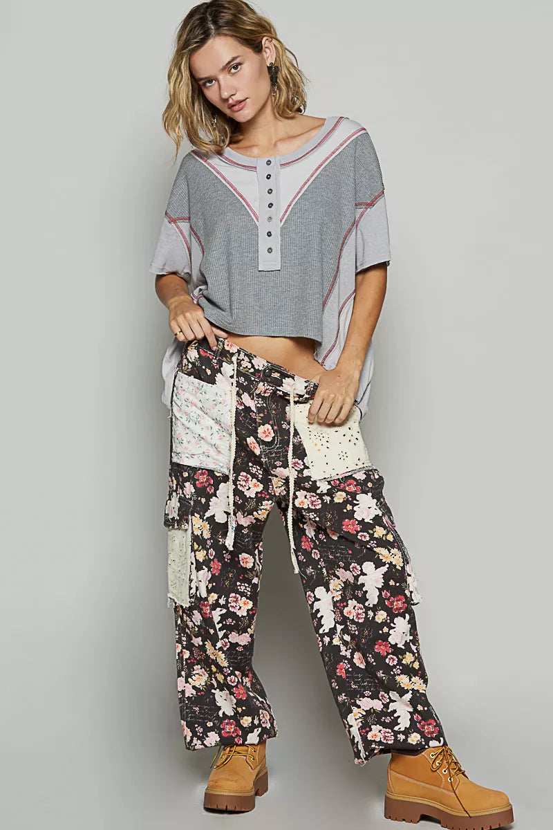 POL Round Neck Short Sleeve Contrast Stitching Top with Back Strap Detail - Trendsi - Flyclothing LLC